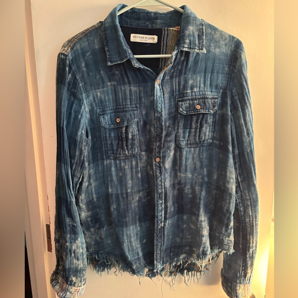 Last chance 👀Anthropologie Artisan de Luxe Blue Plaid Patchwork Chambray Shirt S